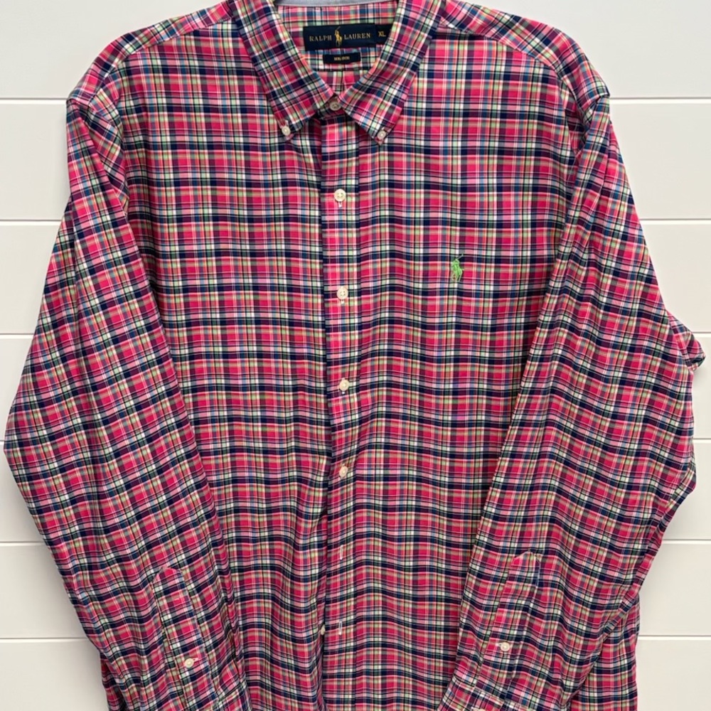 Ralph Lauren Men's Red and Blue Plaid Shirt